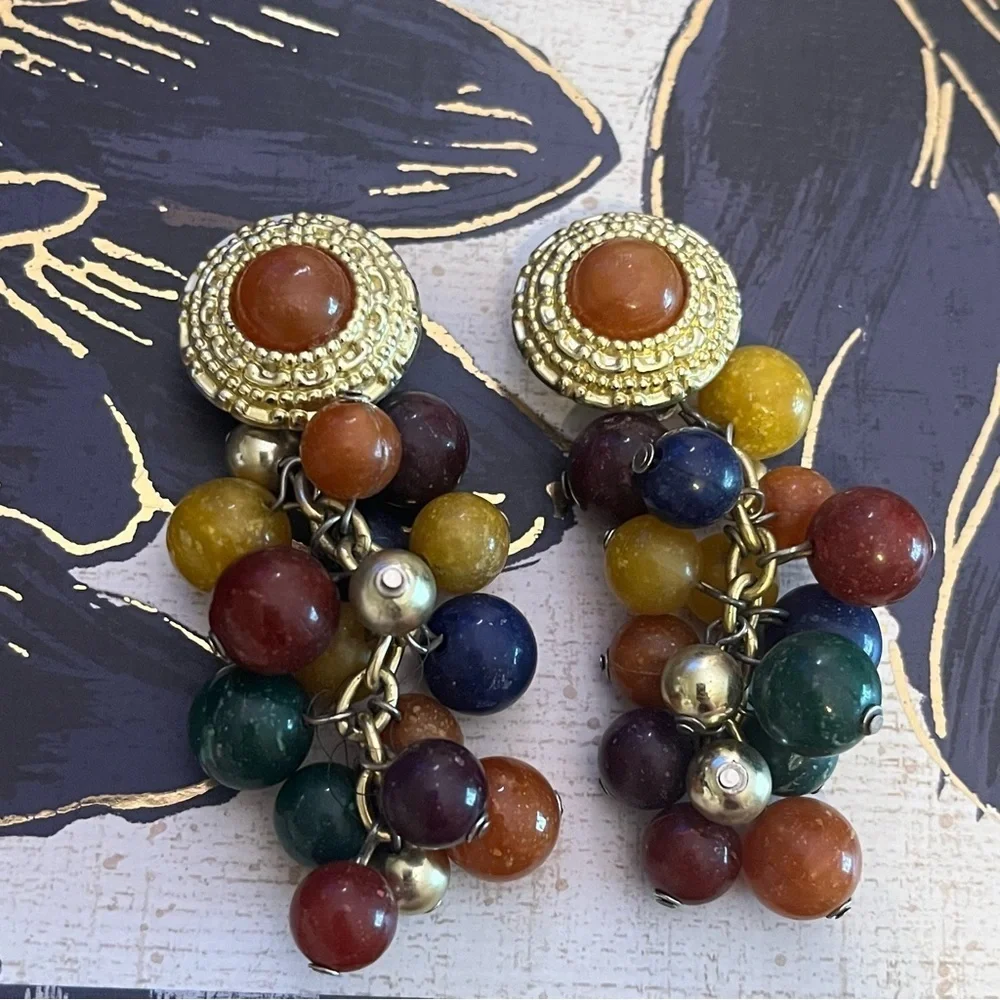 Vintage 80s Chunky Beaded BOLD Acrylic Clip On Earrings Gold and Jewel Tones